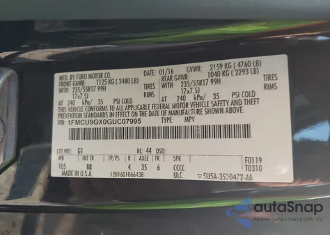 2016 Ford Escape Se z USA, uszkodzony, nr VIN 1FMCU9GX0GUC07995